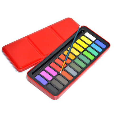 Solid Water Color Paints Set with Paintbrush Metal Tin Box